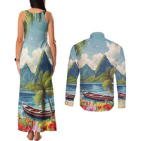 Pitons Saint Lucia Couples Matching Tank Maxi Dress and Long Sleeve Button Shirt Hibiscus Flowers - Wonder Print Shop