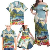 Pitons Saint Lucia Family Matching Off Shoulder Maxi Dress and Hawaiian Shirt Hibiscus Flowers - Wonder Print Shop