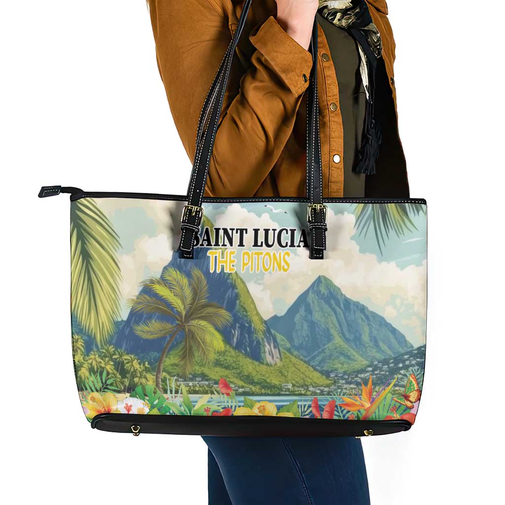 Pitons Saint Lucia Leather Tote Bag Hibiscus Flowers - Wonder Print Shop