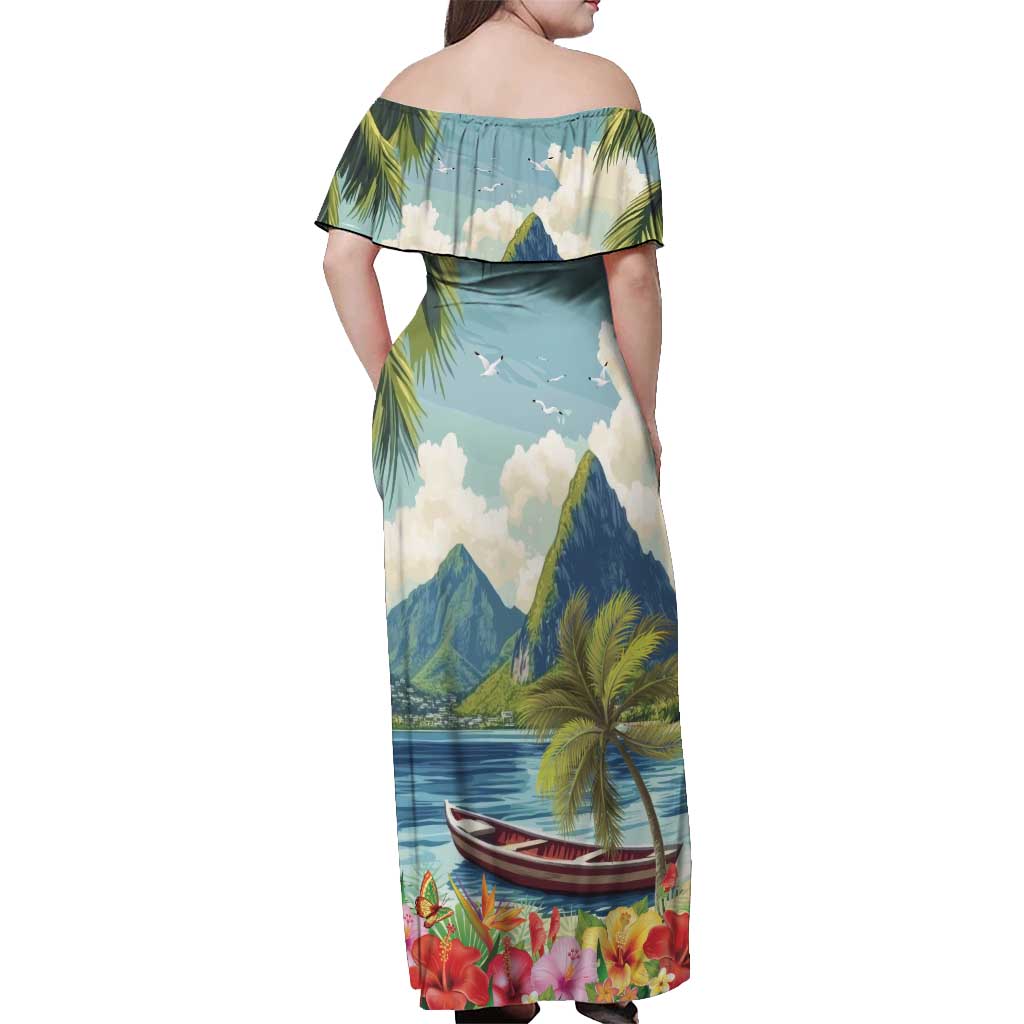 Pitons Saint Lucia Off Shoulder Maxi Dress Hibiscus Flowers - Wonder Print Shop
