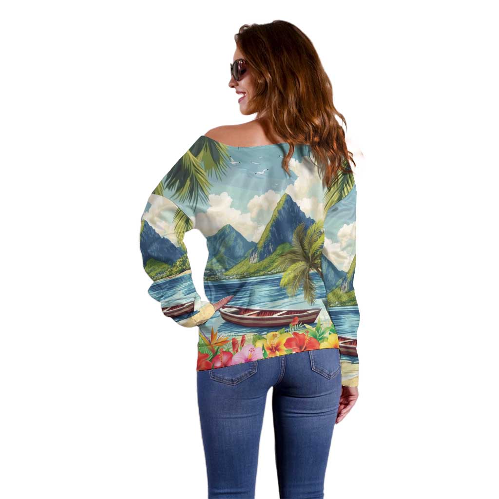 Pitons Saint Lucia Off Shoulder Sweater Hibiscus Flowers - Wonder Print Shop