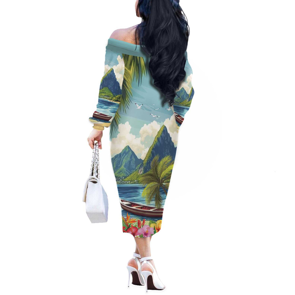 Pitons Saint Lucia Off The Shoulder Long Sleeve Dress Hibiscus Flowers - Wonder Print Shop