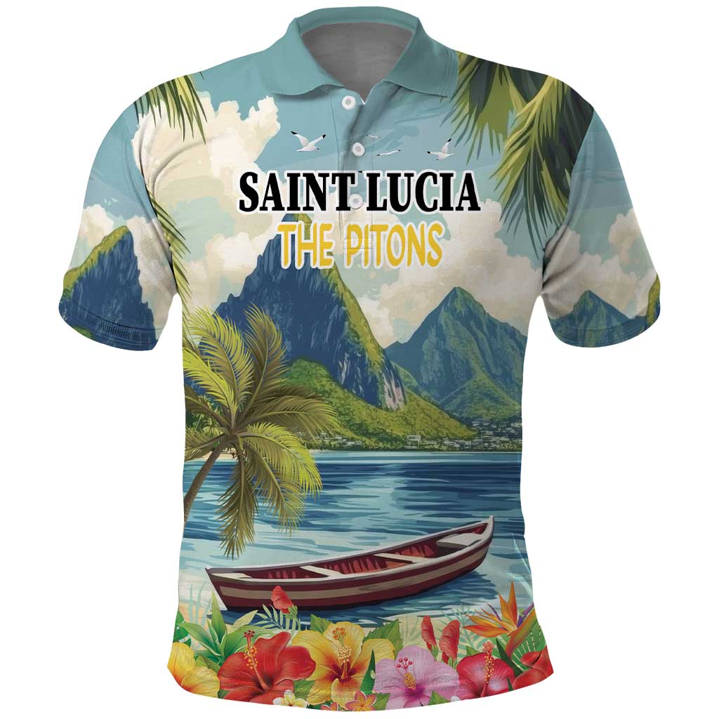 Pitons Saint Lucia Polo Shirt Hibiscus Flowers - Wonder Print Shop