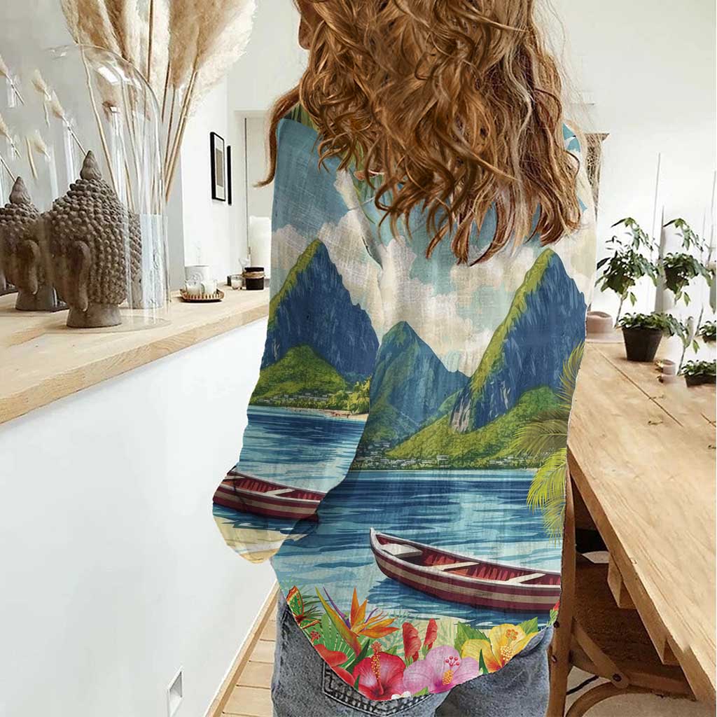 Pitons Saint Lucia Women Casual Shirt Hibiscus Flowers - Wonder Print Shop