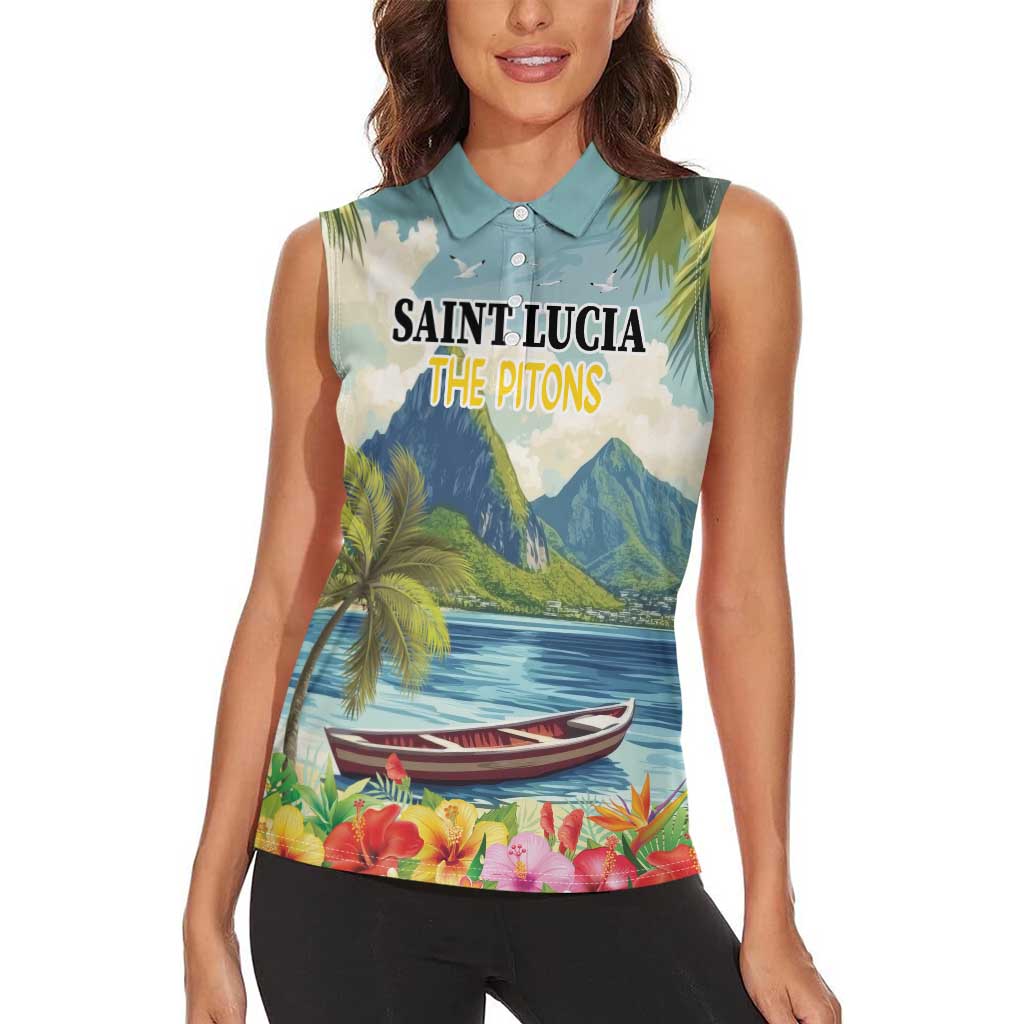 Pitons Saint Lucia Women Sleeveless Polo Shirt Hibiscus Flowers - Wonder Print Shop