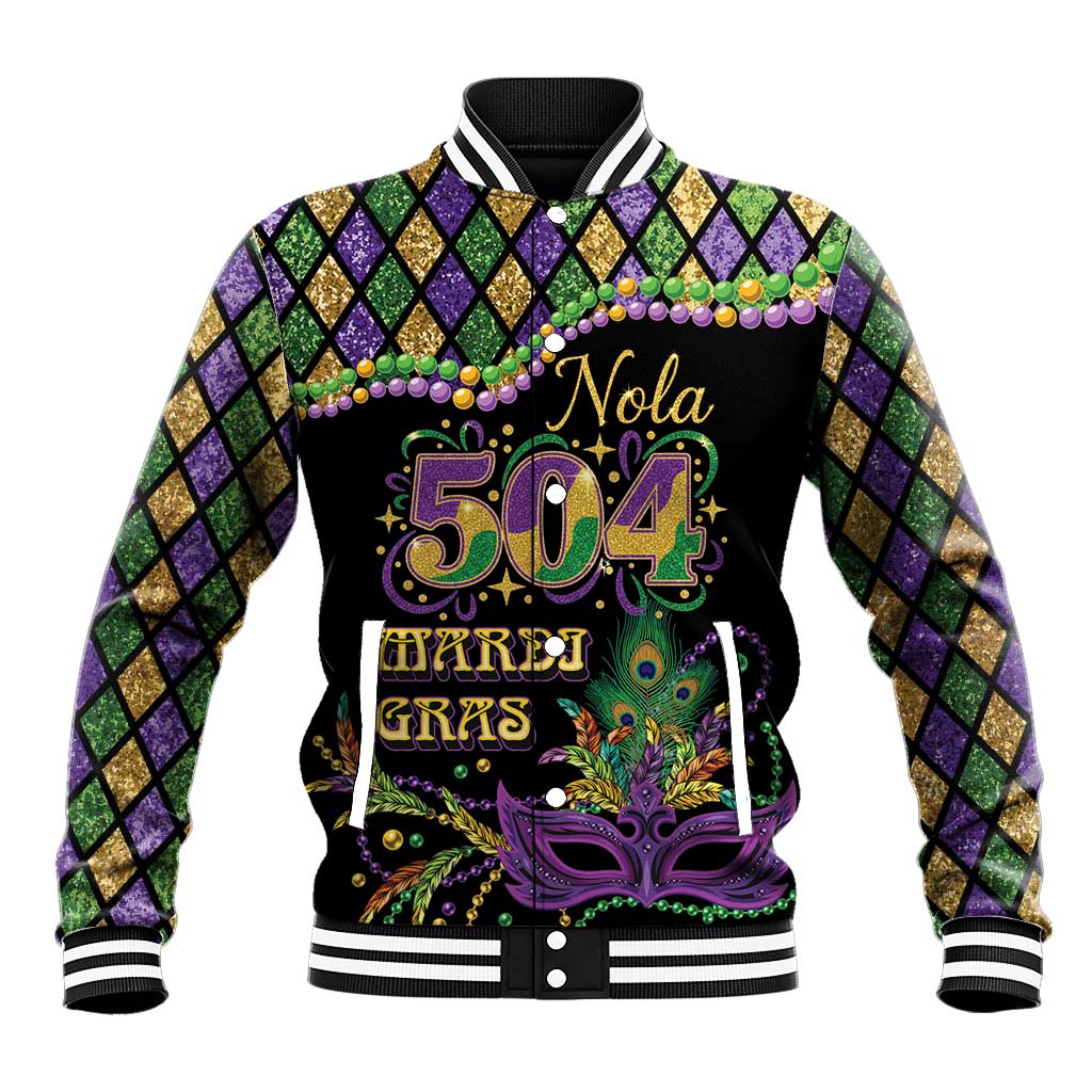 Mardi Gras 504 Nola New Orleans Baseball Jacket Mask Up Beads Out - Wonder Print Shop