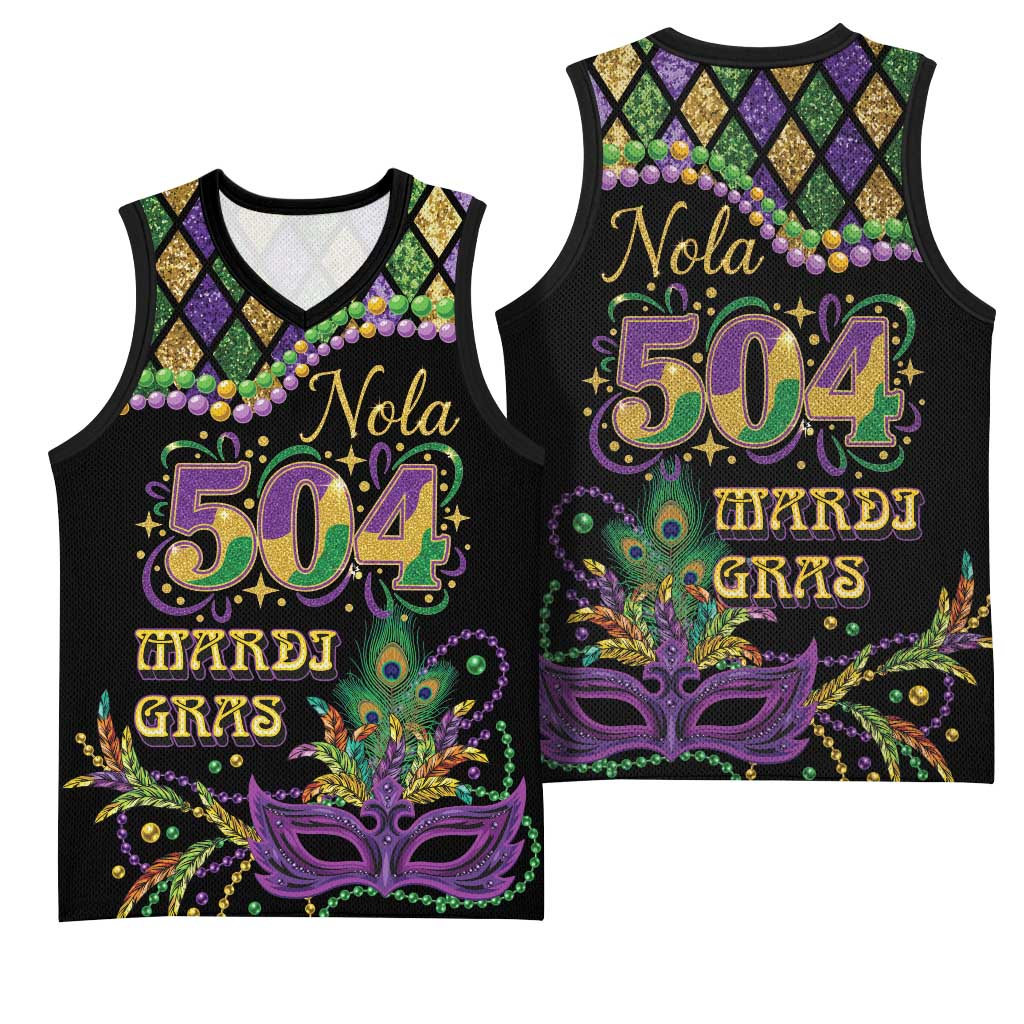 Mardi Gras 504 Nola New Orleans Basketball Jersey Mask Up Beads Out - Wonder Print Shop