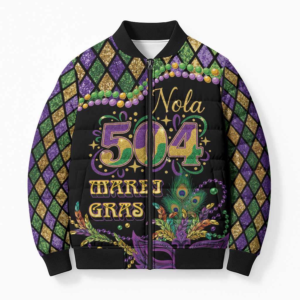 Mardi Gras 504 Nola New Orleans Bomber Puffer Jacket Mask Up Beads Out - Wonder Print Shop