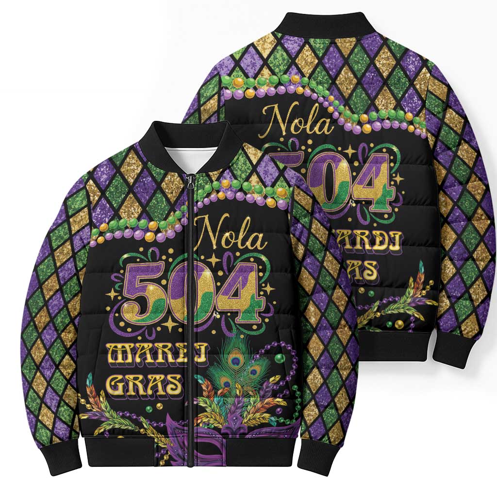 Mardi Gras 504 Nola New Orleans Bomber Puffer Jacket Mask Up Beads Out - Wonder Print Shop