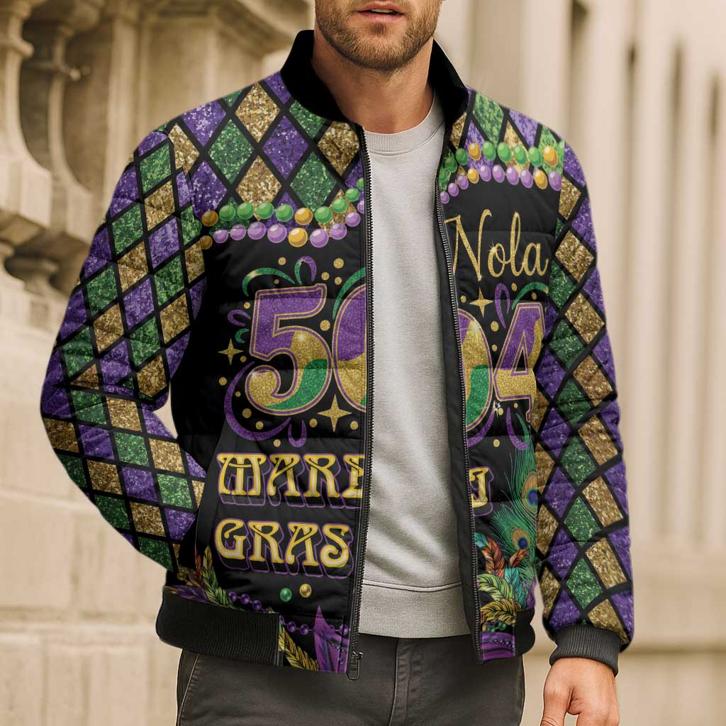 Mardi Gras 504 Nola New Orleans Bomber Puffer Jacket Mask Up Beads Out - Wonder Print Shop