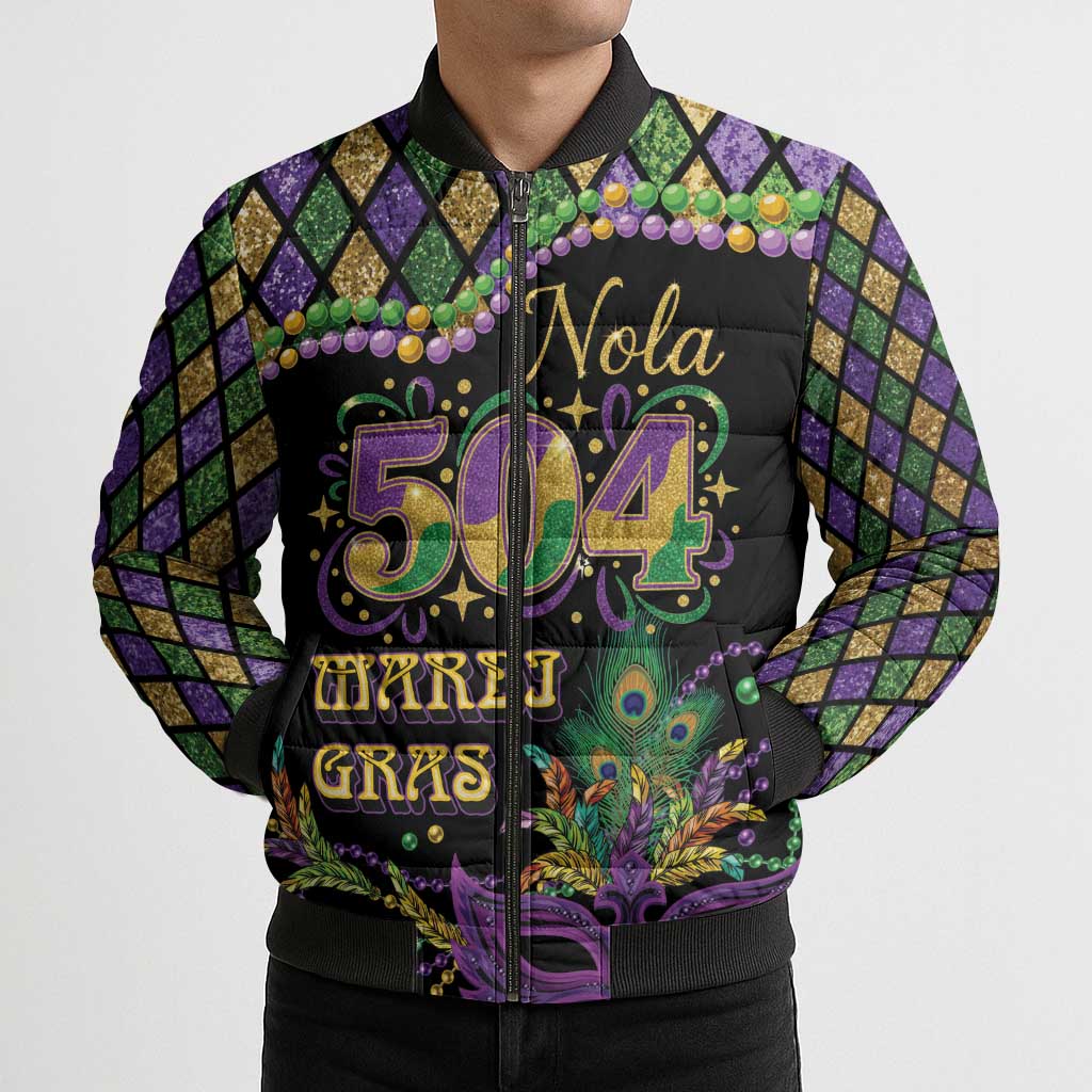 Mardi Gras 504 Nola New Orleans Bomber Puffer Jacket Mask Up Beads Out - Wonder Print Shop