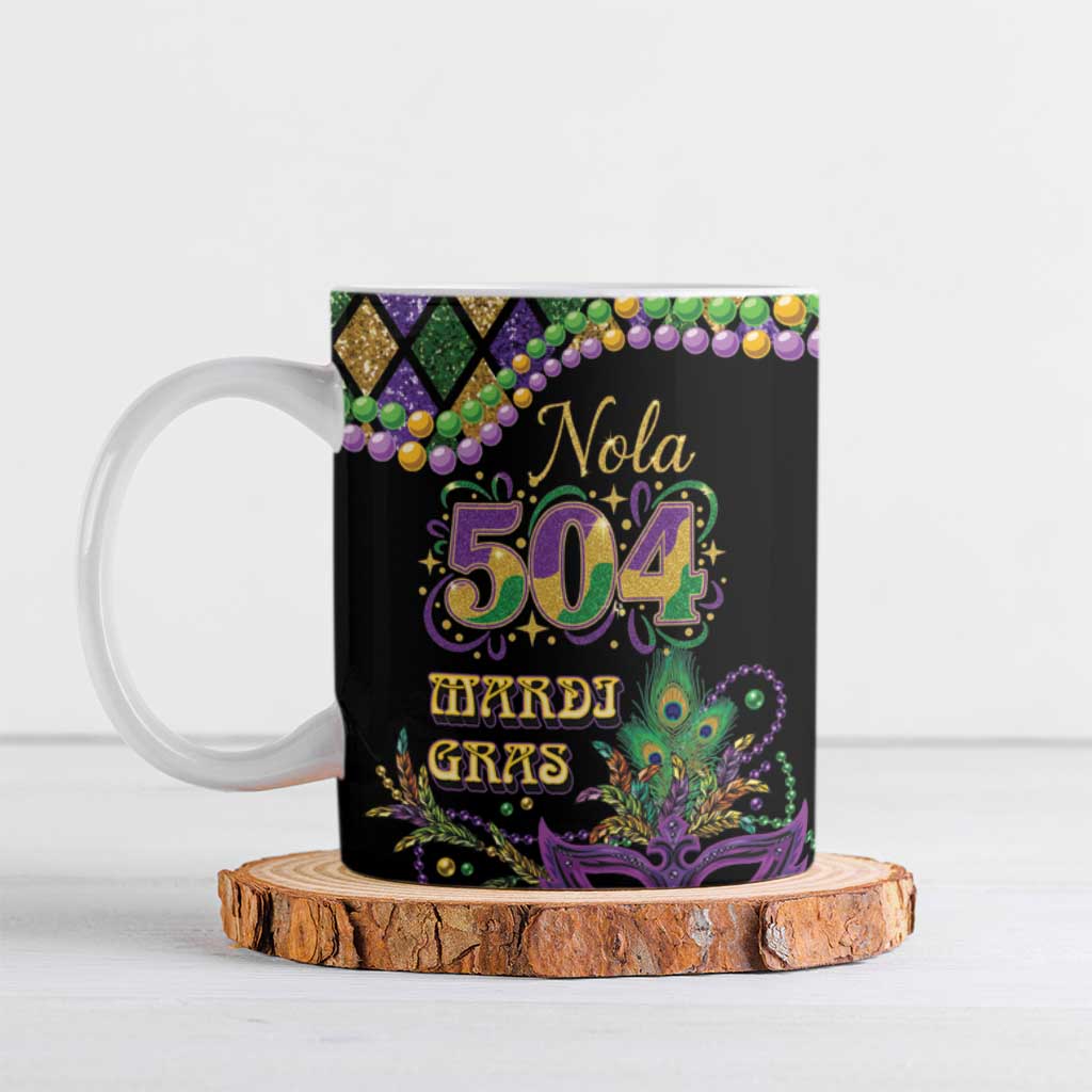 Mardi Gras 504 Nola New Orleans Ceramic Mug Mask Up Beads Out - Wonder Print Shop