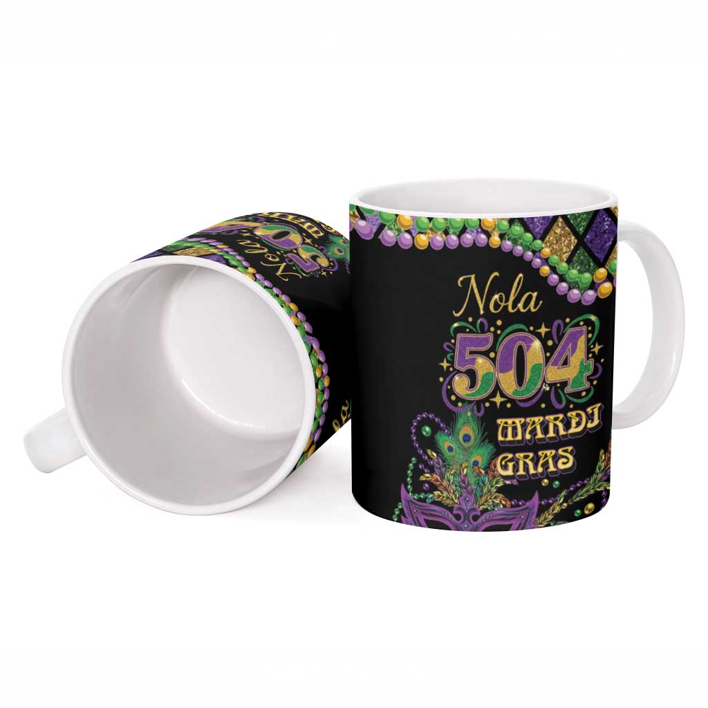 Mardi Gras 504 Nola New Orleans Ceramic Mug Mask Up Beads Out - Wonder Print Shop
