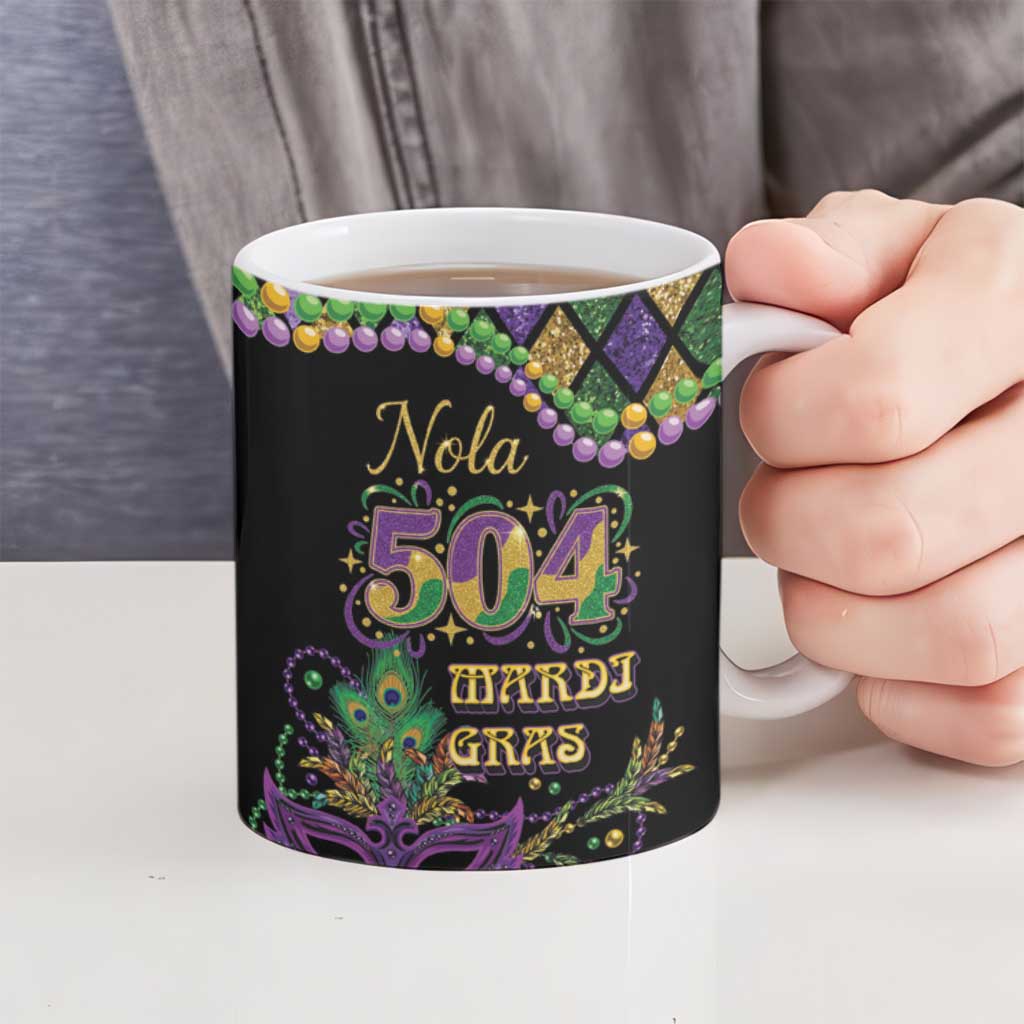 Mardi Gras 504 Nola New Orleans Ceramic Mug Mask Up Beads Out - Wonder Print Shop