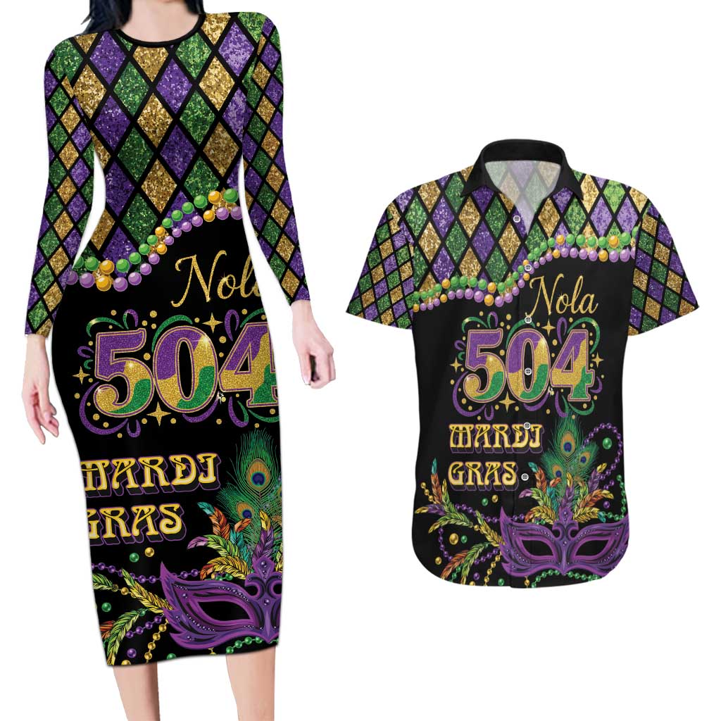 Mardi Gras 504 Nola New Orleans Couples Matching Long Sleeve Bodycon Dress and Hawaiian Shirt Mask Up Beads Out - Wonder Print Shop