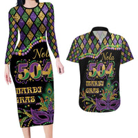 Mardi Gras 504 Nola New Orleans Couples Matching Long Sleeve Bodycon Dress and Hawaiian Shirt Mask Up Beads Out - Wonder Print Shop