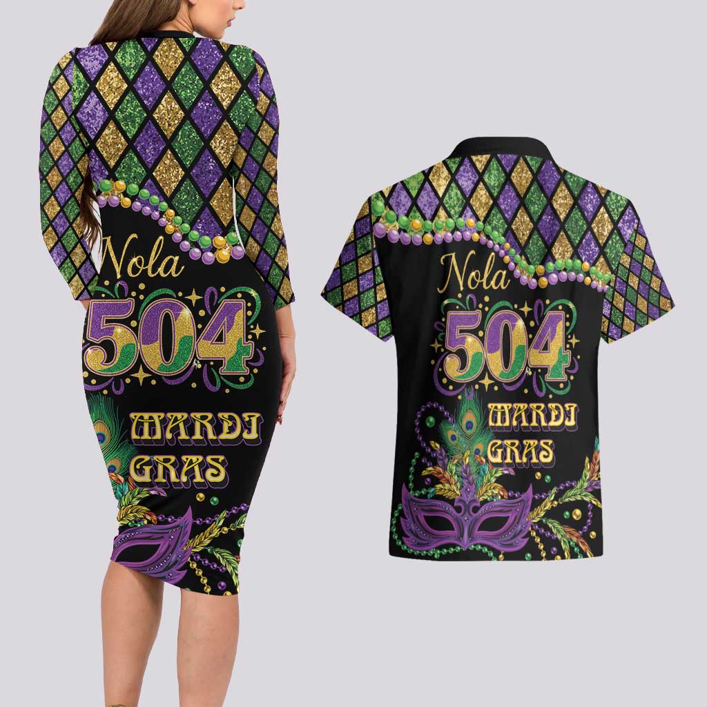 Mardi Gras 504 Nola New Orleans Couples Matching Long Sleeve Bodycon Dress and Hawaiian Shirt Mask Up Beads Out - Wonder Print Shop