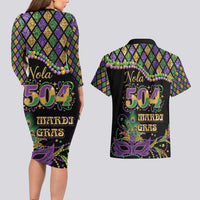 Mardi Gras 504 Nola New Orleans Couples Matching Long Sleeve Bodycon Dress and Hawaiian Shirt Mask Up Beads Out - Wonder Print Shop
