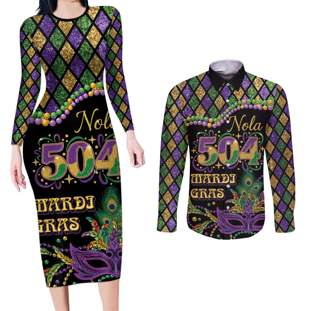 Mardi Gras 504 Nola New Orleans Couples Matching Long Sleeve Bodycon Dress and Long Sleeve Button Shirt Mask Up Beads Out - Wonder Print Shop