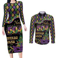Mardi Gras 504 Nola New Orleans Couples Matching Long Sleeve Bodycon Dress and Long Sleeve Button Shirt Mask Up Beads Out - Wonder Print Shop