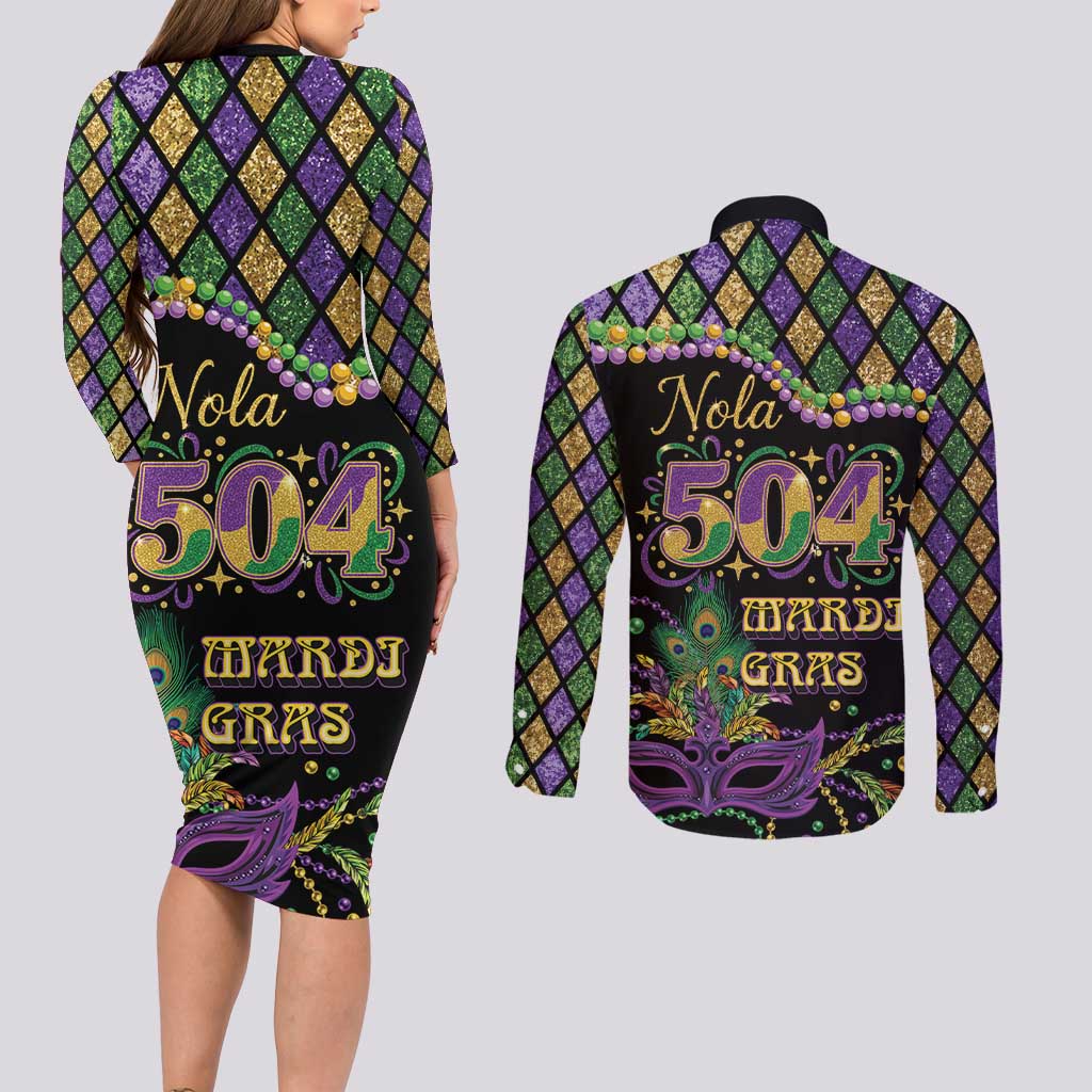 Mardi Gras 504 Nola New Orleans Couples Matching Long Sleeve Bodycon Dress and Long Sleeve Button Shirt Mask Up Beads Out - Wonder Print Shop