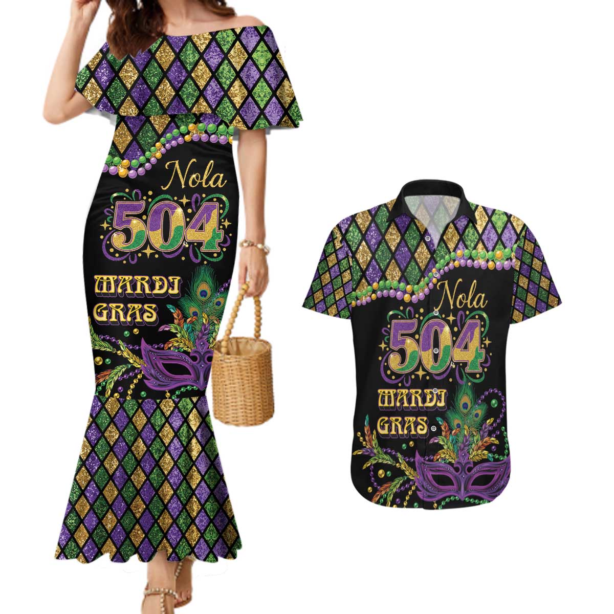 Mardi Gras 504 Nola New Orleans Couples Matching Mermaid Dress and Hawaiian Shirt Mask Up Beads Out - Wonder Print Shop