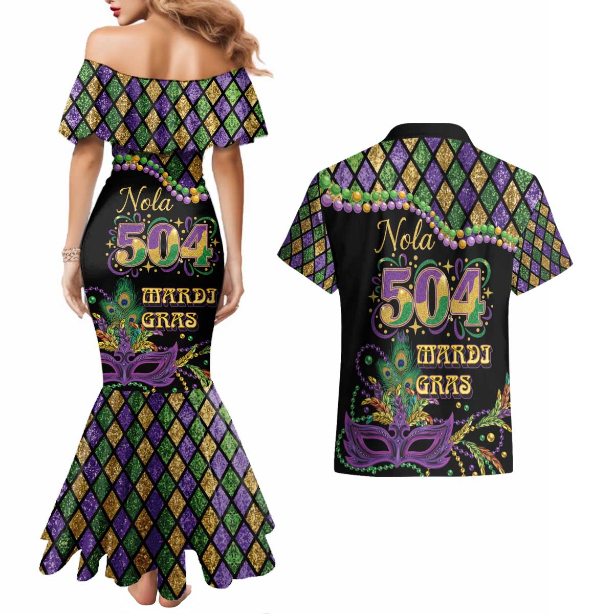 Mardi Gras 504 Nola New Orleans Couples Matching Mermaid Dress and Hawaiian Shirt Mask Up Beads Out - Wonder Print Shop