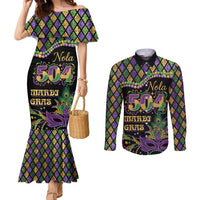 Mardi Gras 504 Nola New Orleans Couples Matching Mermaid Dress and Long Sleeve Button Shirt Mask Up Beads Out - Wonder Print Shop