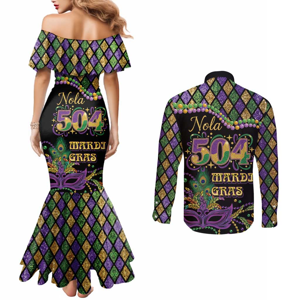 Mardi Gras 504 Nola New Orleans Couples Matching Mermaid Dress and Long Sleeve Button Shirt Mask Up Beads Out - Wonder Print Shop