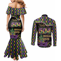 Mardi Gras 504 Nola New Orleans Couples Matching Mermaid Dress and Long Sleeve Button Shirt Mask Up Beads Out - Wonder Print Shop