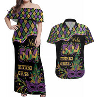 Mardi Gras 504 Nola New Orleans Couples Matching Off Shoulder Maxi Dress and Hawaiian Shirt Mask Up Beads Out - Wonder Print Shop