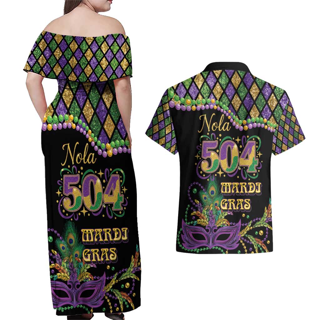 Mardi Gras 504 Nola New Orleans Couples Matching Off Shoulder Maxi Dress and Hawaiian Shirt Mask Up Beads Out - Wonder Print Shop