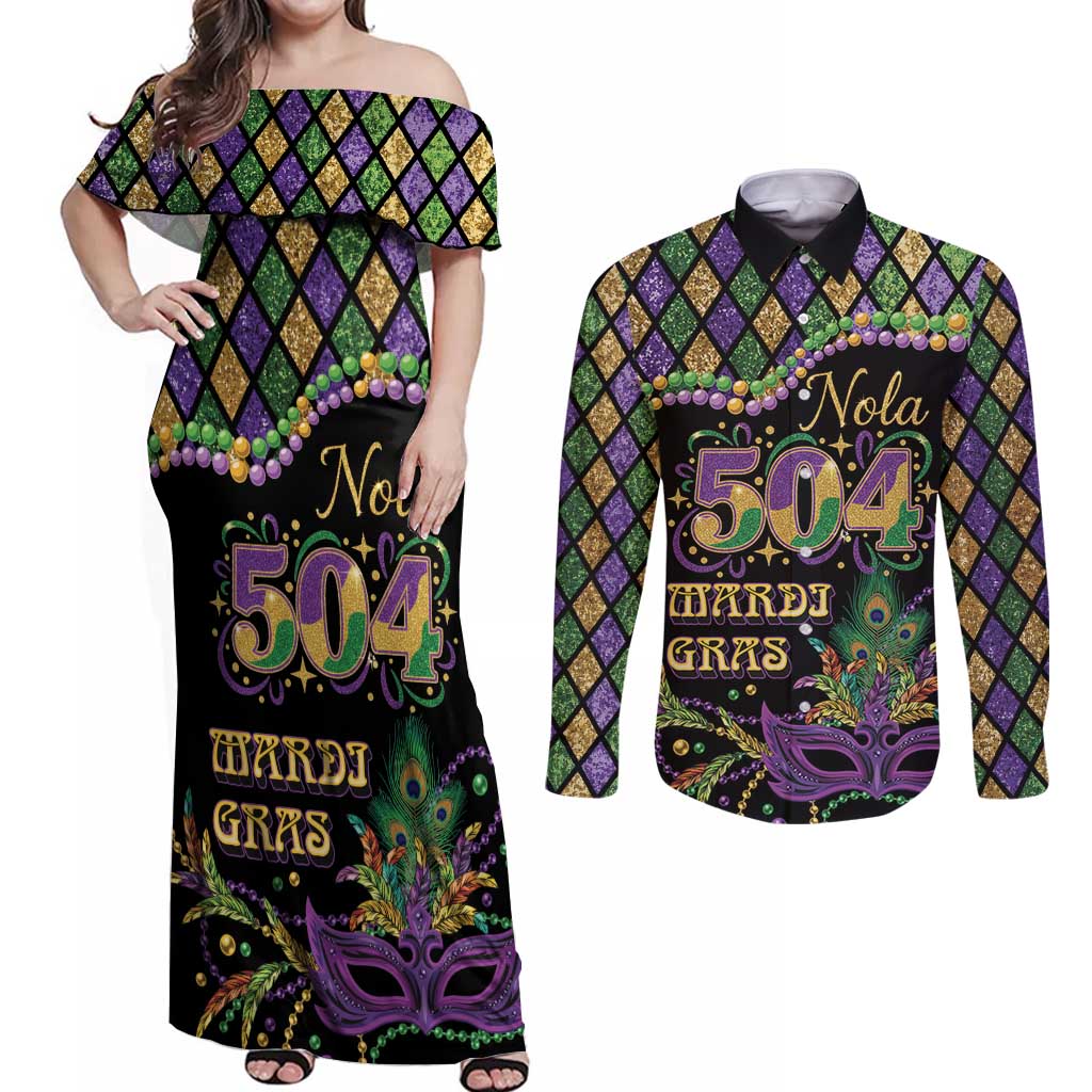 Mardi Gras 504 Nola New Orleans Couples Matching Off Shoulder Maxi Dress and Long Sleeve Button Shirt Mask Up Beads Out - Wonder Print Shop