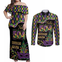 Mardi Gras 504 Nola New Orleans Couples Matching Off Shoulder Maxi Dress and Long Sleeve Button Shirt Mask Up Beads Out - Wonder Print Shop