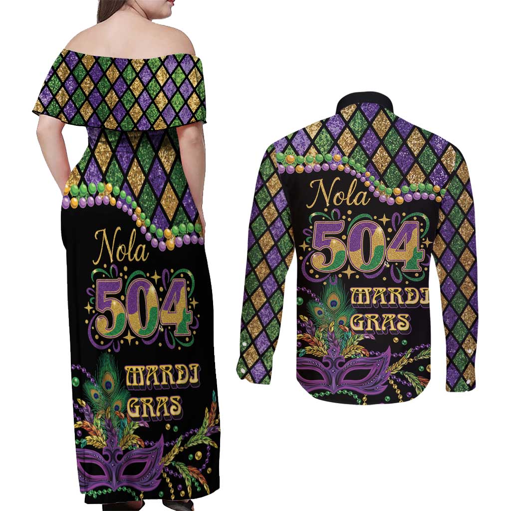 Mardi Gras 504 Nola New Orleans Couples Matching Off Shoulder Maxi Dress and Long Sleeve Button Shirt Mask Up Beads Out - Wonder Print Shop