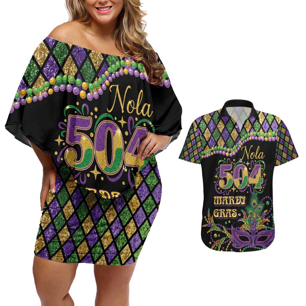 Mardi Gras 504 Nola New Orleans Couples Matching Off Shoulder Short Dress and Hawaiian Shirt Mask Up Beads Out - Wonder Print Shop