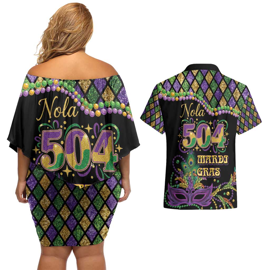 Mardi Gras 504 Nola New Orleans Couples Matching Off Shoulder Short Dress and Hawaiian Shirt Mask Up Beads Out - Wonder Print Shop
