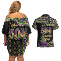 Mardi Gras 504 Nola New Orleans Couples Matching Off Shoulder Short Dress and Hawaiian Shirt Mask Up Beads Out - Wonder Print Shop