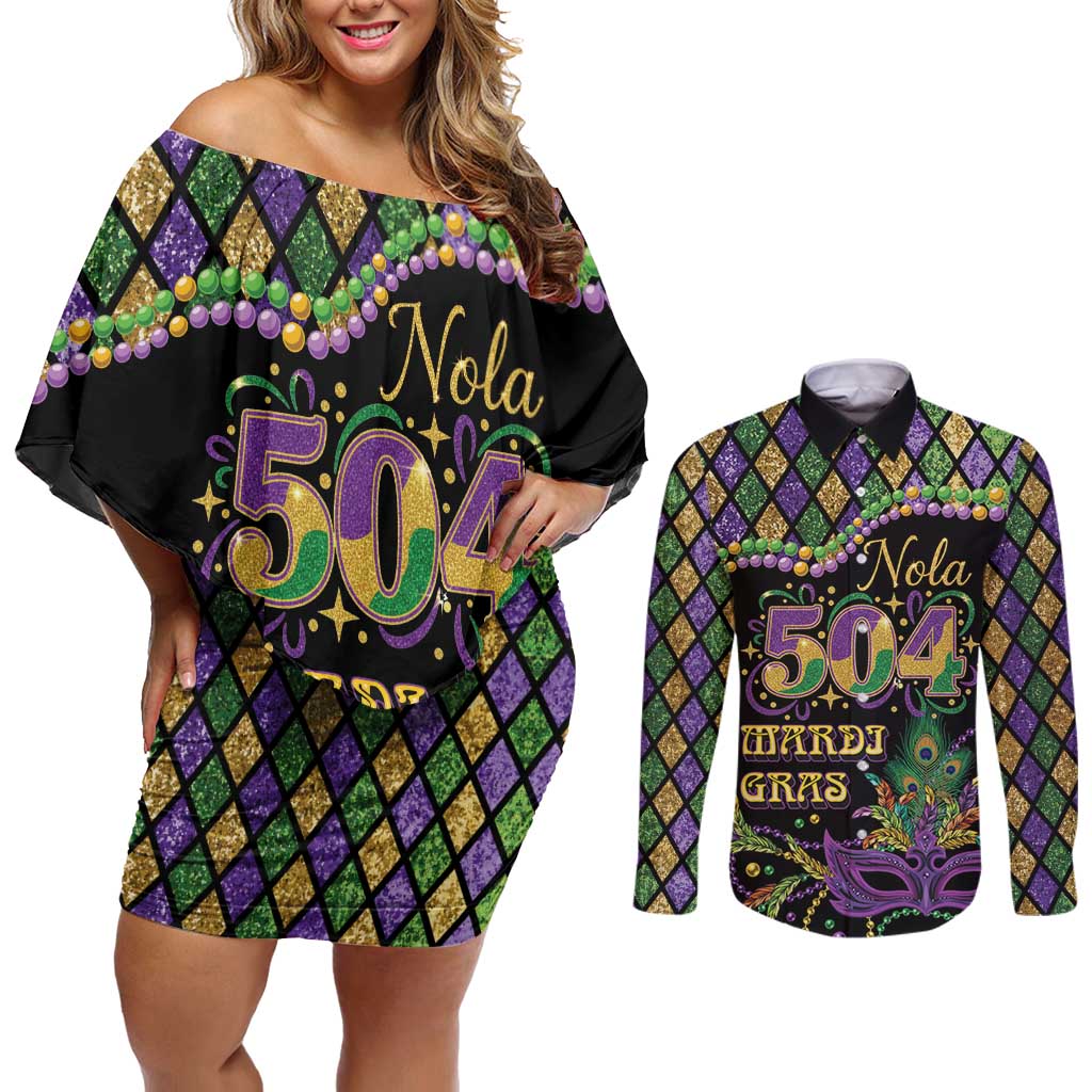 Mardi Gras 504 Nola New Orleans Couples Matching Off Shoulder Short Dress and Long Sleeve Button Shirt Mask Up Beads Out - Wonder Print Shop