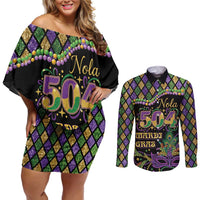 Mardi Gras 504 Nola New Orleans Couples Matching Off Shoulder Short Dress and Long Sleeve Button Shirt Mask Up Beads Out - Wonder Print Shop