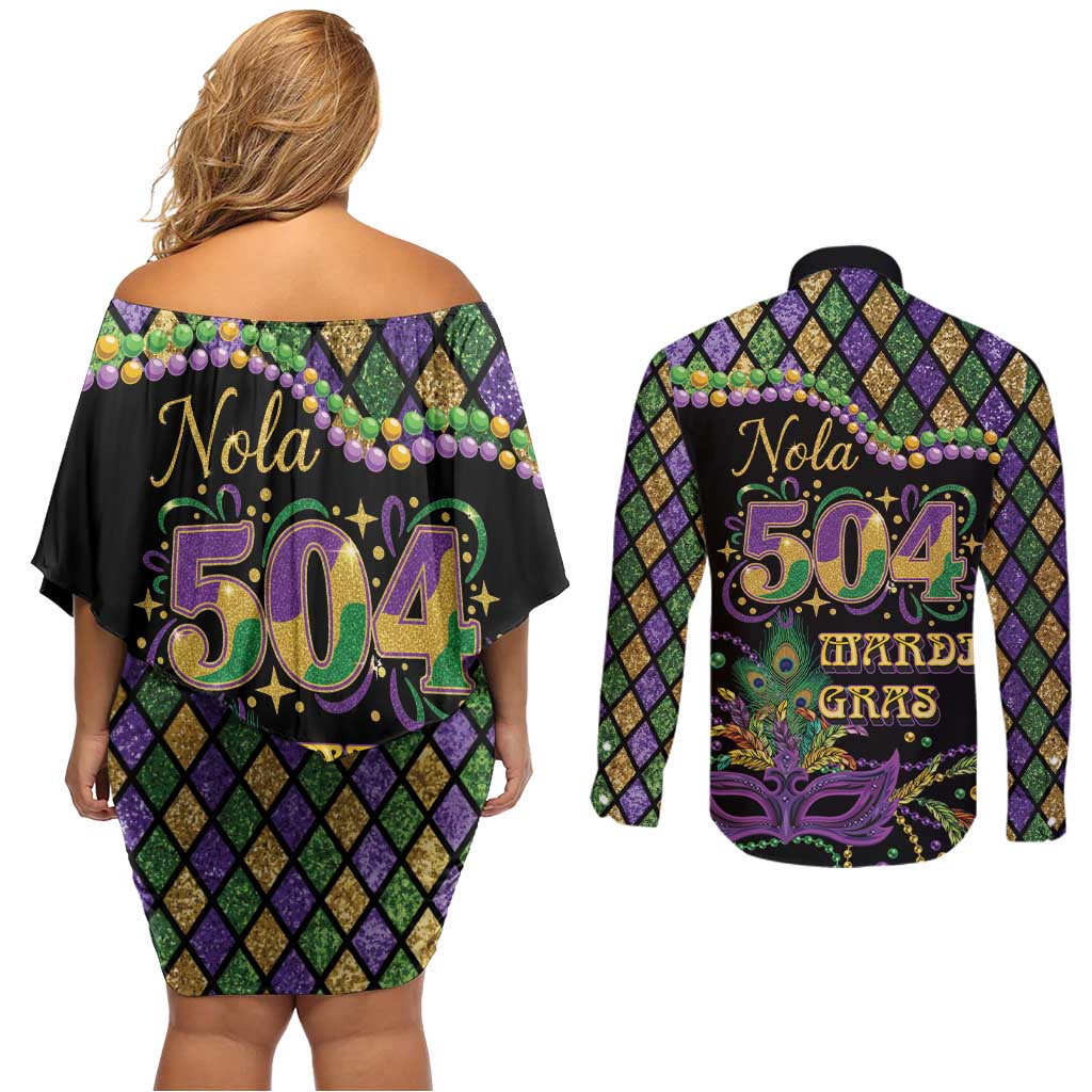 Mardi Gras 504 Nola New Orleans Couples Matching Off Shoulder Short Dress and Long Sleeve Button Shirt Mask Up Beads Out - Wonder Print Shop