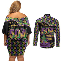 Mardi Gras 504 Nola New Orleans Couples Matching Off Shoulder Short Dress and Long Sleeve Button Shirt Mask Up Beads Out - Wonder Print Shop