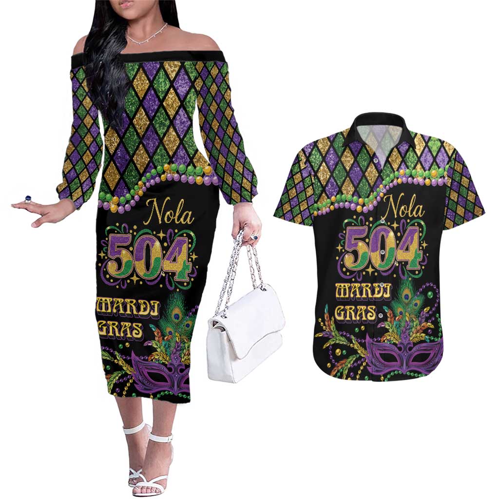 Mardi Gras 504 Nola New Orleans Couples Matching Off The Shoulder Long Sleeve Dress and Hawaiian Shirt Mask Up Beads Out - Wonder Print Shop