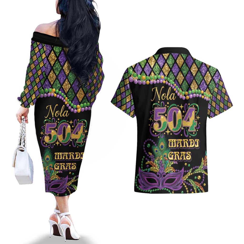 Mardi Gras 504 Nola New Orleans Couples Matching Off The Shoulder Long Sleeve Dress and Hawaiian Shirt Mask Up Beads Out - Wonder Print Shop