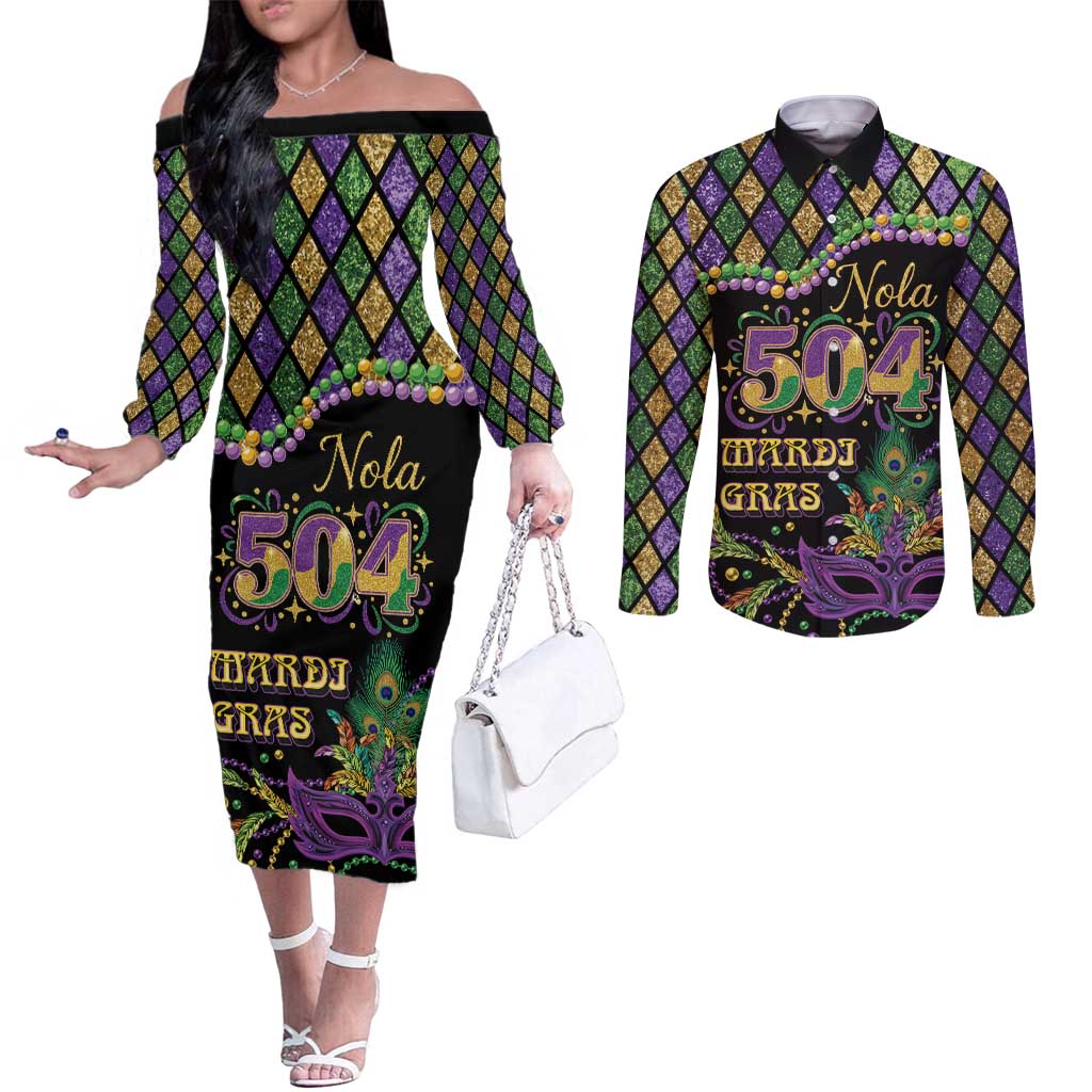 Mardi Gras 504 Nola New Orleans Couples Matching Off The Shoulder Long Sleeve Dress and Long Sleeve Button Shirt Mask Up Beads Out - Wonder Print Shop