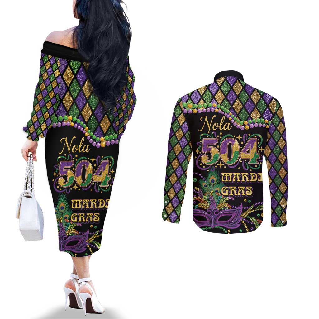 Mardi Gras 504 Nola New Orleans Couples Matching Off The Shoulder Long Sleeve Dress and Long Sleeve Button Shirt Mask Up Beads Out - Wonder Print Shop