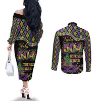 Mardi Gras 504 Nola New Orleans Couples Matching Off The Shoulder Long Sleeve Dress and Long Sleeve Button Shirt Mask Up Beads Out - Wonder Print Shop