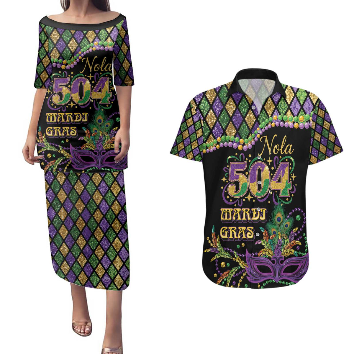 Mardi Gras 504 Nola New Orleans Couples Matching Puletasi and Hawaiian Shirt Mask Up Beads Out - Wonder Print Shop