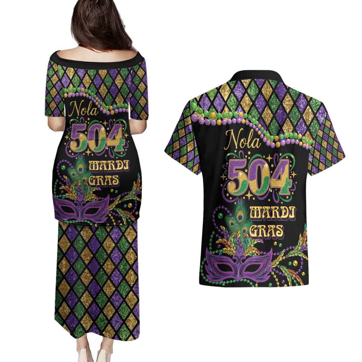Mardi Gras 504 Nola New Orleans Couples Matching Puletasi and Hawaiian Shirt Mask Up Beads Out - Wonder Print Shop