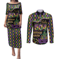 Mardi Gras 504 Nola New Orleans Couples Matching Puletasi and Long Sleeve Button Shirt Mask Up Beads Out - Wonder Print Shop
